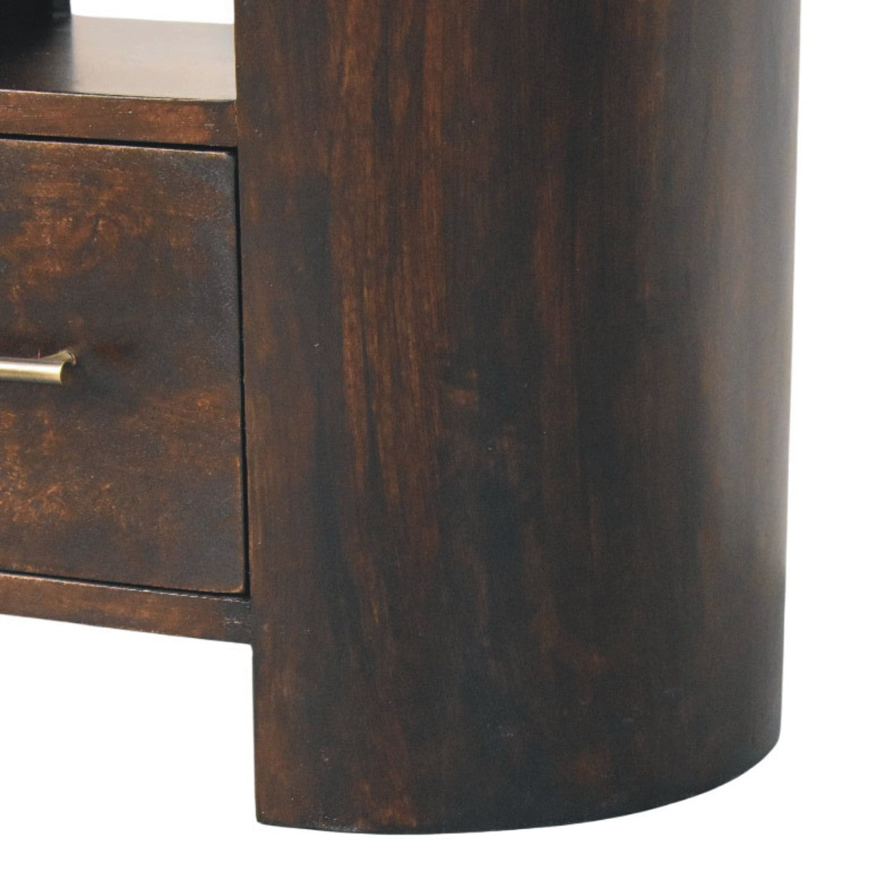 Valencia bedside table dark brown wooden side table with curved cylindrical leg and single drawer with metallic handle
