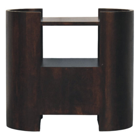 Valencia bedside table dark brown wooden side table with cylindrical legs and two open shelves for storage