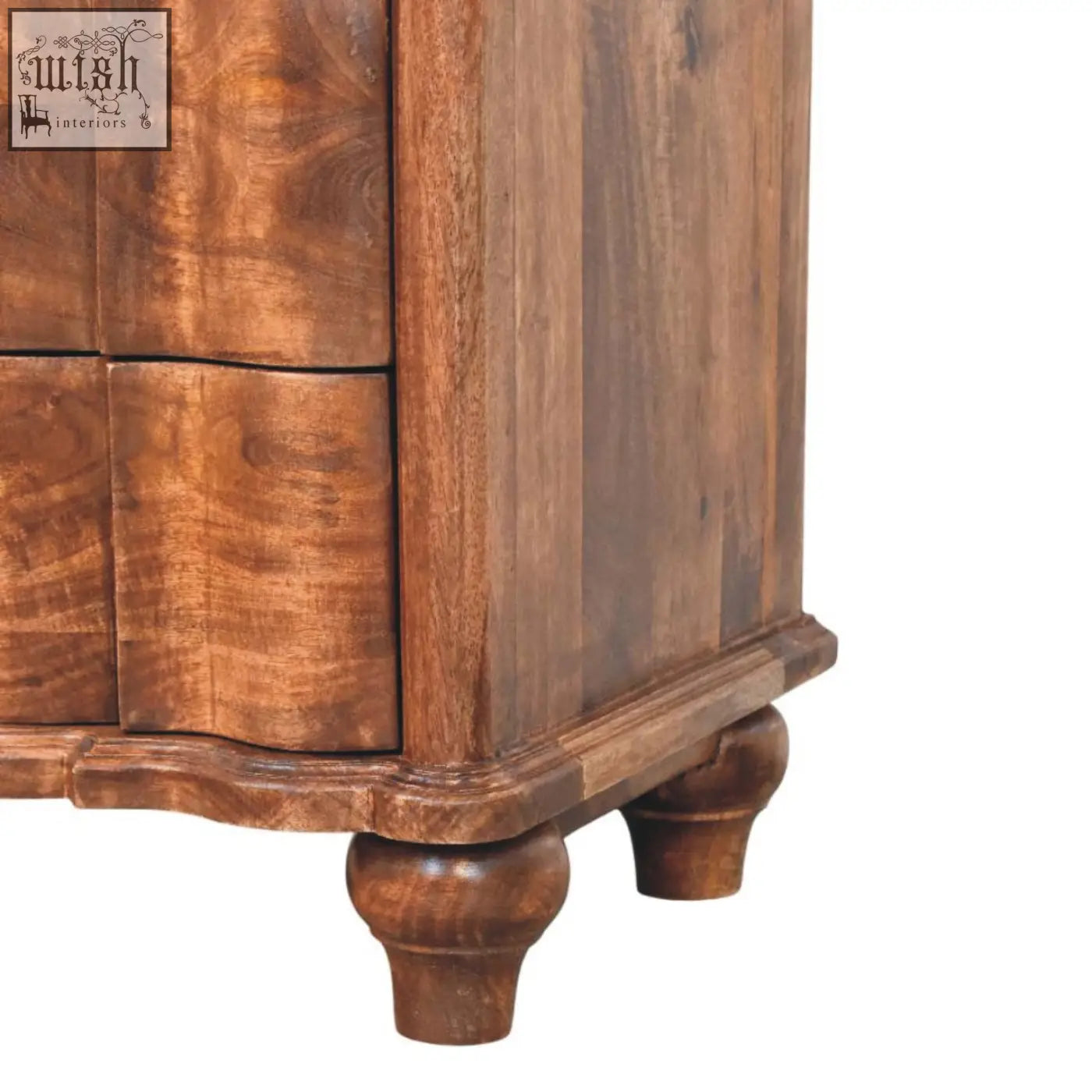 Dark brown valencia bedside table with visible wood grain and turned legs made from solid mango wood
