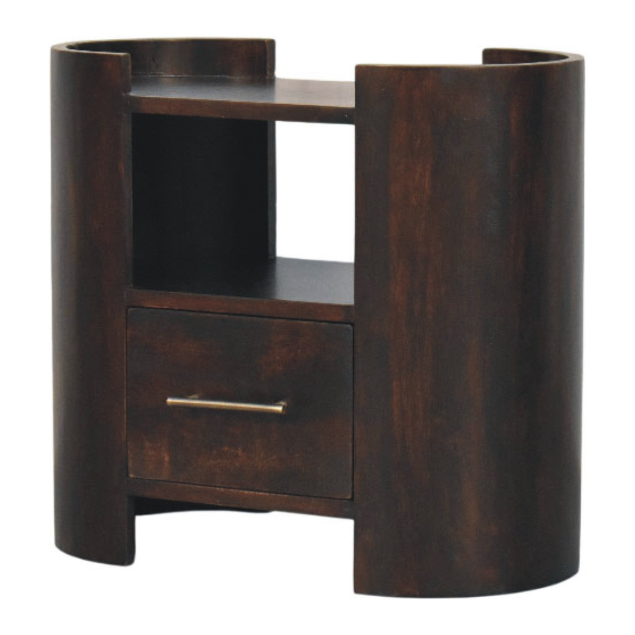 Valencia bedside table dark brown wood nightstand with curved sides single drawer and open shelf for bedroom storage