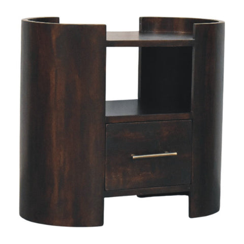 Valencia bedside table dark brown wooden nightstand with curved cylindrical sides and gold-tone drawer handle