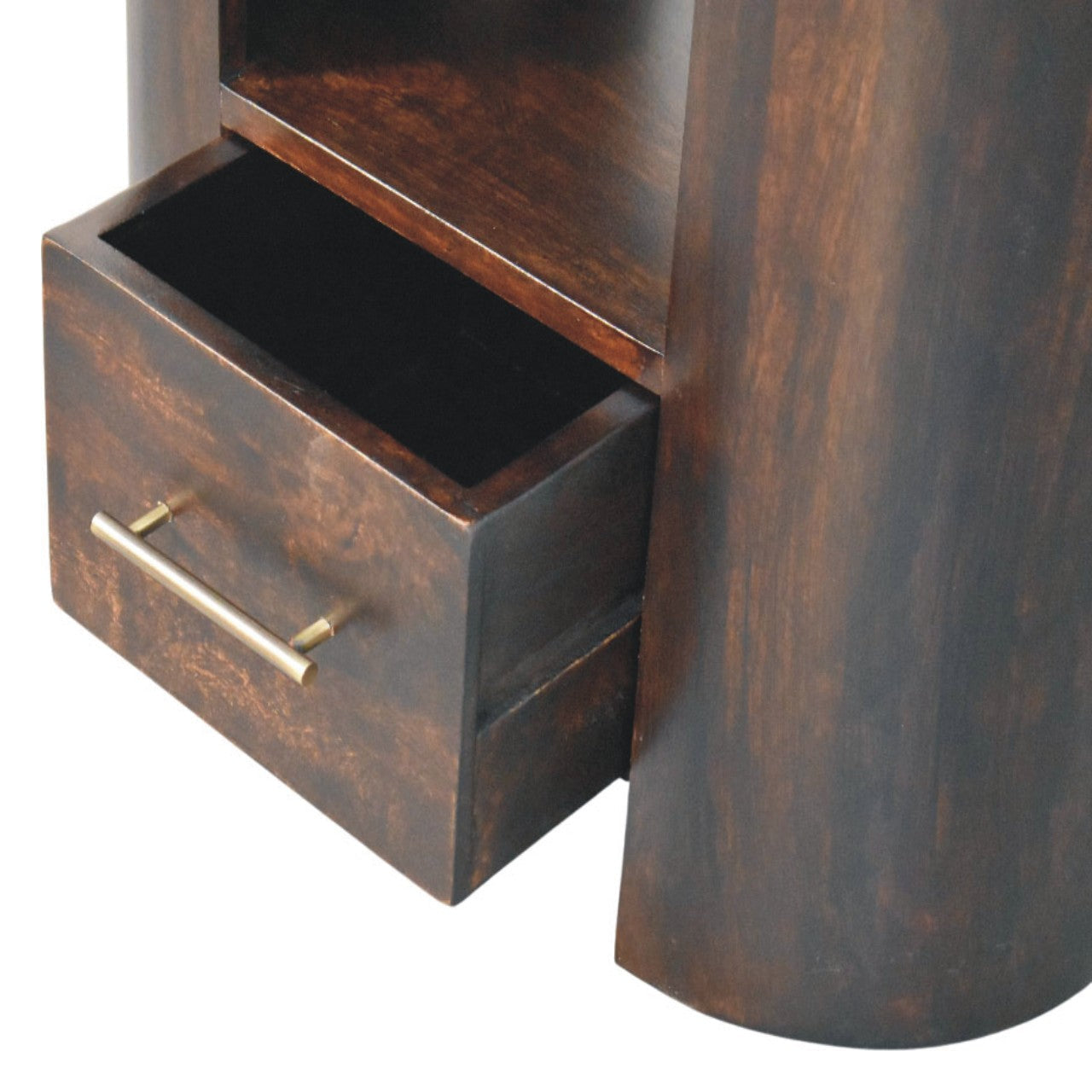 Dark brown wooden valencia bedside table with single drawer and brass handles for bedroom storage