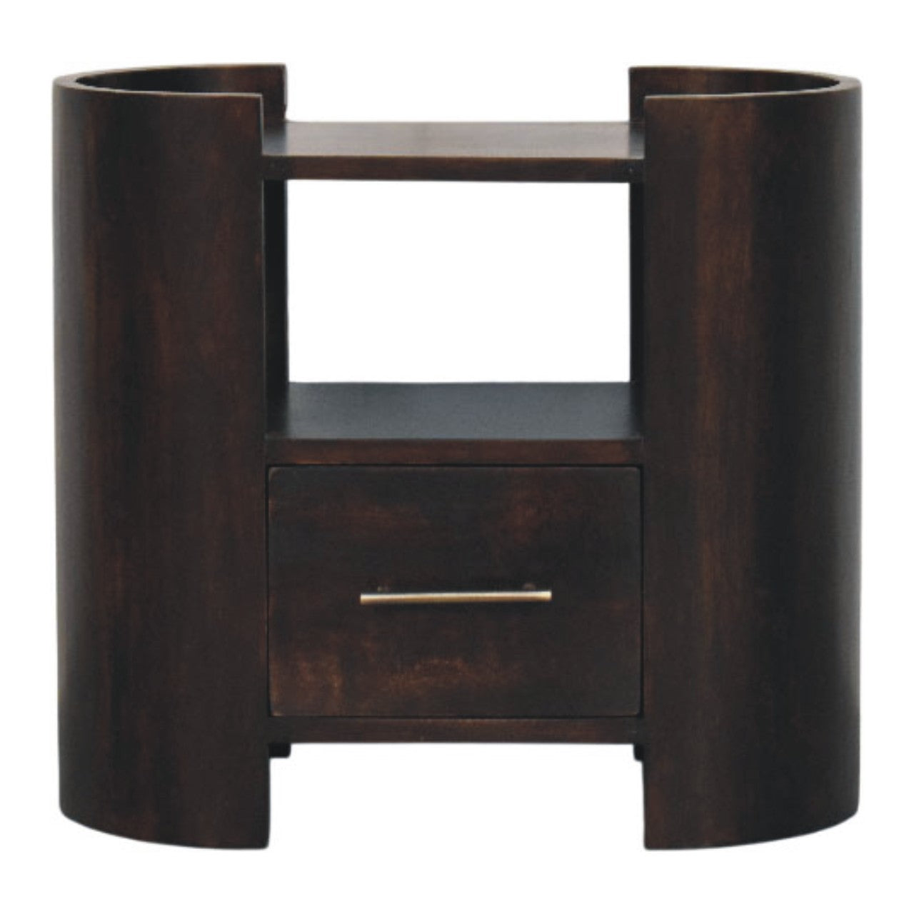 Dark wood cylindrical valencia bedside table with a single drawer and open shelving for bedroom storage