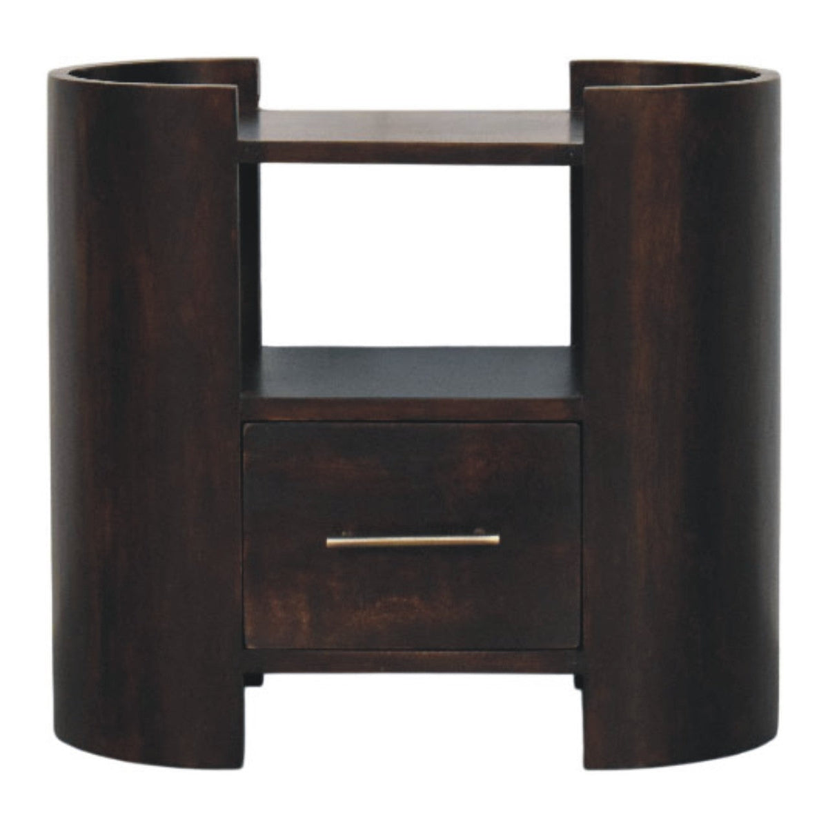 Dark wood cylindrical valencia bedside table with a single drawer and open shelving for bedroom storage