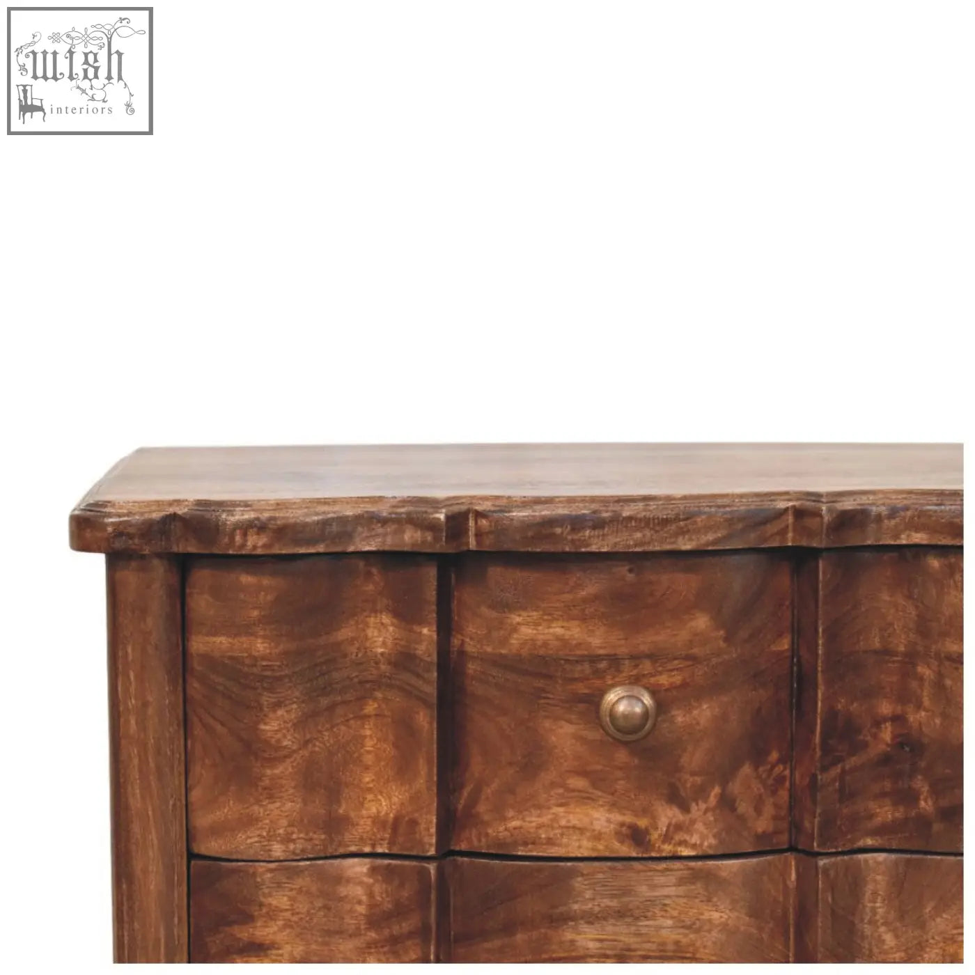 Rustic brown valencia bedside table made of solid mango wood with curved front and a single round brass knob on top drawer