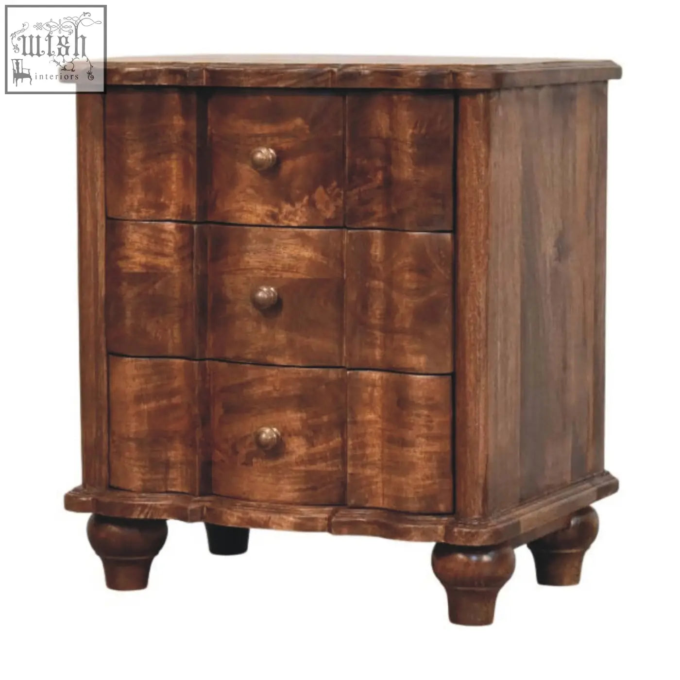 Rustic brown valencia bedside table with three drawers and round brass knobs made of solid mango wood