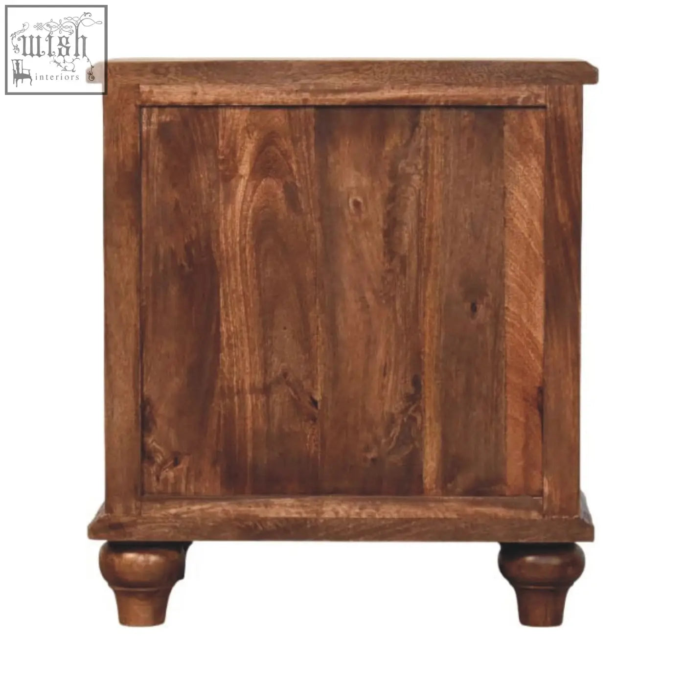 Rustic brown valencia bedside table made of solid mango wood with visible grain and turned legs for bedroom use