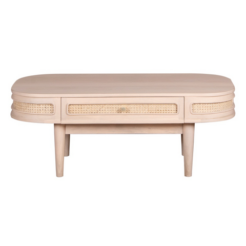 Beige valencia cane 1 drawer coffee table with woven cane accents and mango wood tapered legs