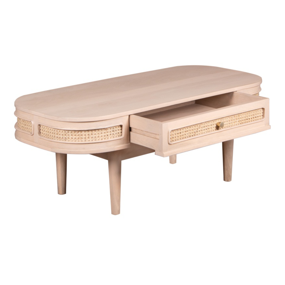 Beige valencia cane and mango wood coffee table with woven cane drawer accents and stylish mango wood frame