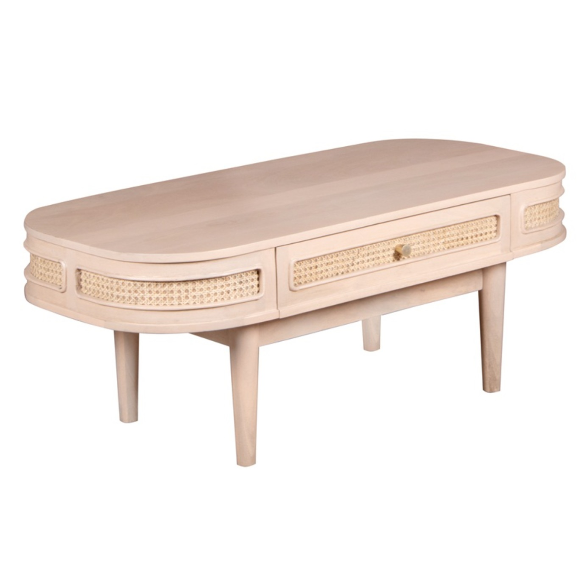 Beige mango wood coffee table with valencia cane accents and a single drawer for stylish living room storage