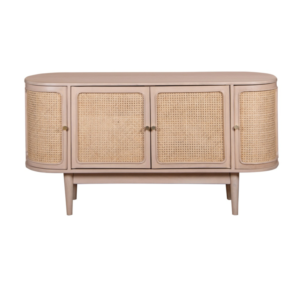 Beige valencia cane sideboard with four woven cane panel doors and tapered legs made from mango wood