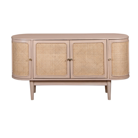 Beige valencia cane sideboard with woven cane panel doors and tapered legs made of mango wood