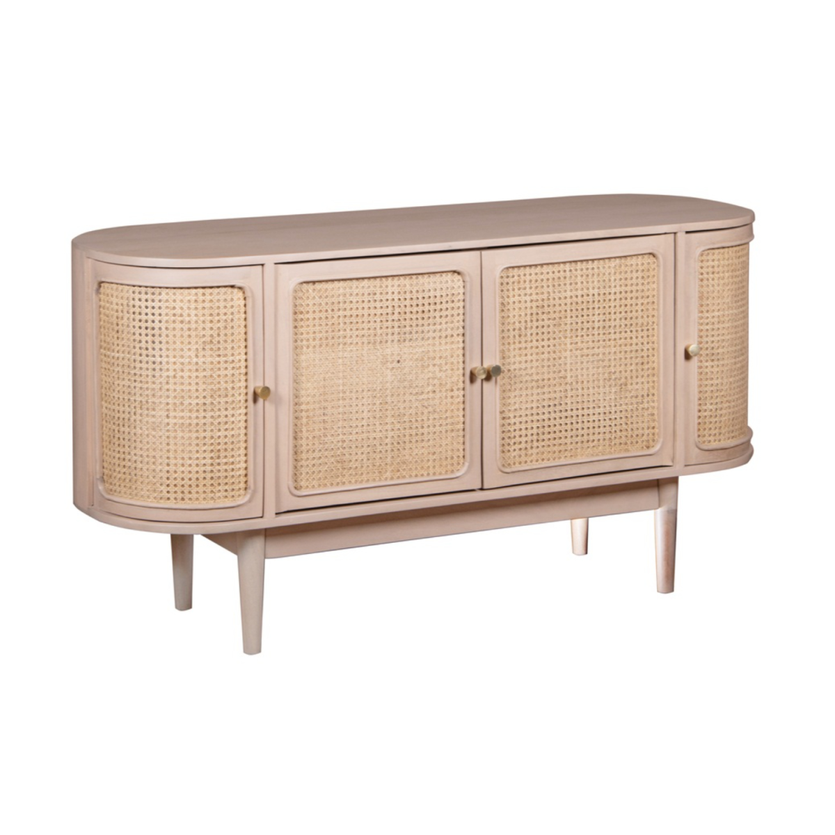 Beige valencia cane sideboard with four cane-paneled doors and tapered legs made from mango wood