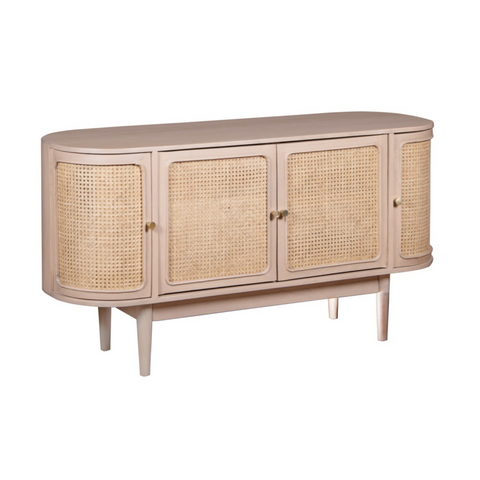 Beige valencia cane sideboard with four cane-paneled doors and tapered legs made from mango wood
