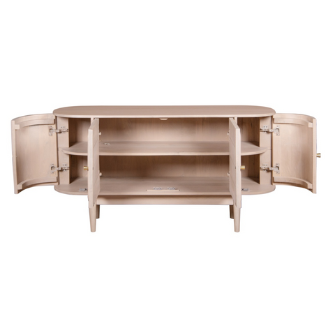 Beige valencia cane and mango wood sideboard with curved doors and slender legs perfect for stylish storage