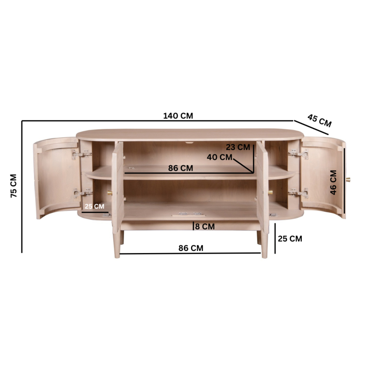 Beige wooden media console with curved doors and three adjustable shelves made of valencia cane and mango wood
