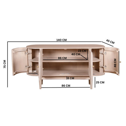Beige wooden media console with curved doors and three adjustable shelves made of valencia cane and mango wood
