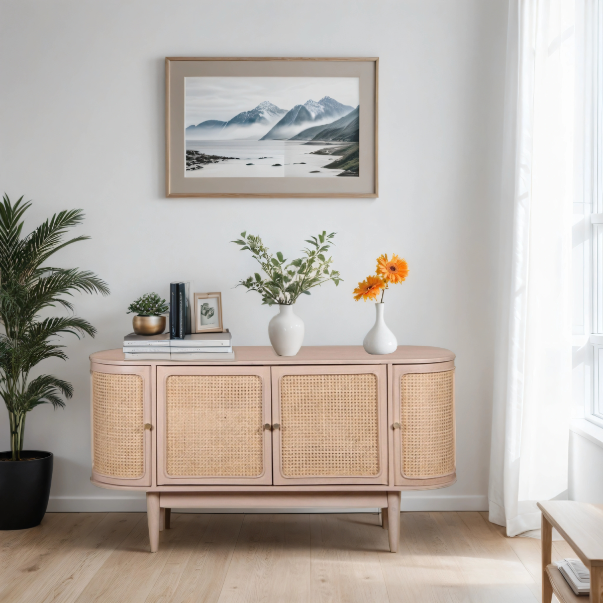 Pastel pink valencia cane sideboard with woven cane panel doors and mango wood slender tapered legs