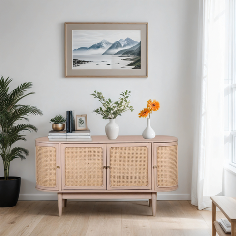 Pastel pink valencia cane sideboard with woven cane panel doors and mango wood slender tapered legs