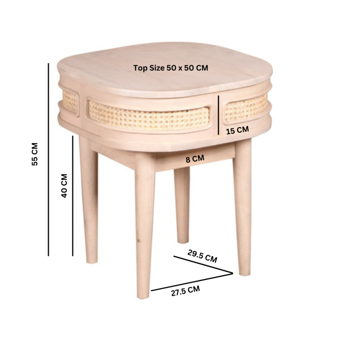 Beige valencia cane mango wood bedside table with woven cane accents and tapered legs for stylish storage