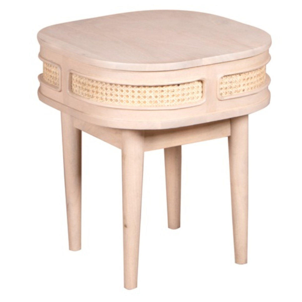Beige mango wood valencia cane bedside table with woven cane accents and tapered legs for stylish storage