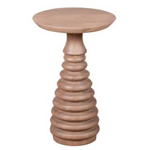 Light brown mango wood valencia cane side table with round top and stacked ringed pedestal base