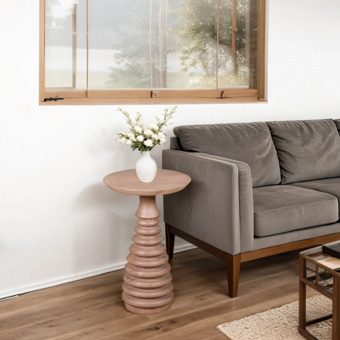Valencia cane light pink round side table with twisted column base made of mango wood and smooth top surface