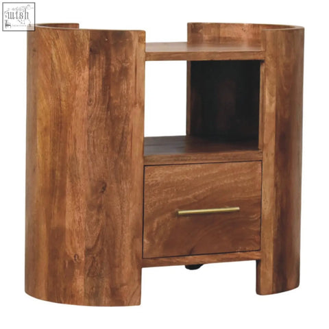 Valencia sculpted bedside curved wooden nightstand with natural wood grain finish brass handle single drawer and open shelf