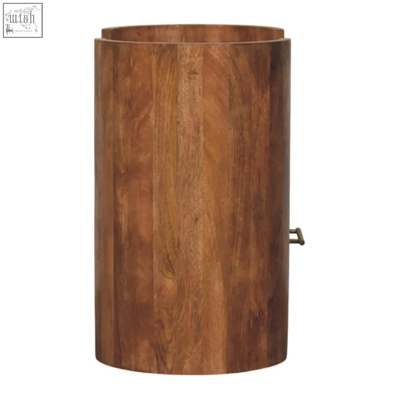 A cylindrical wooden trash can with warm brown finish and vertical grain for the valencia sculpted bedside