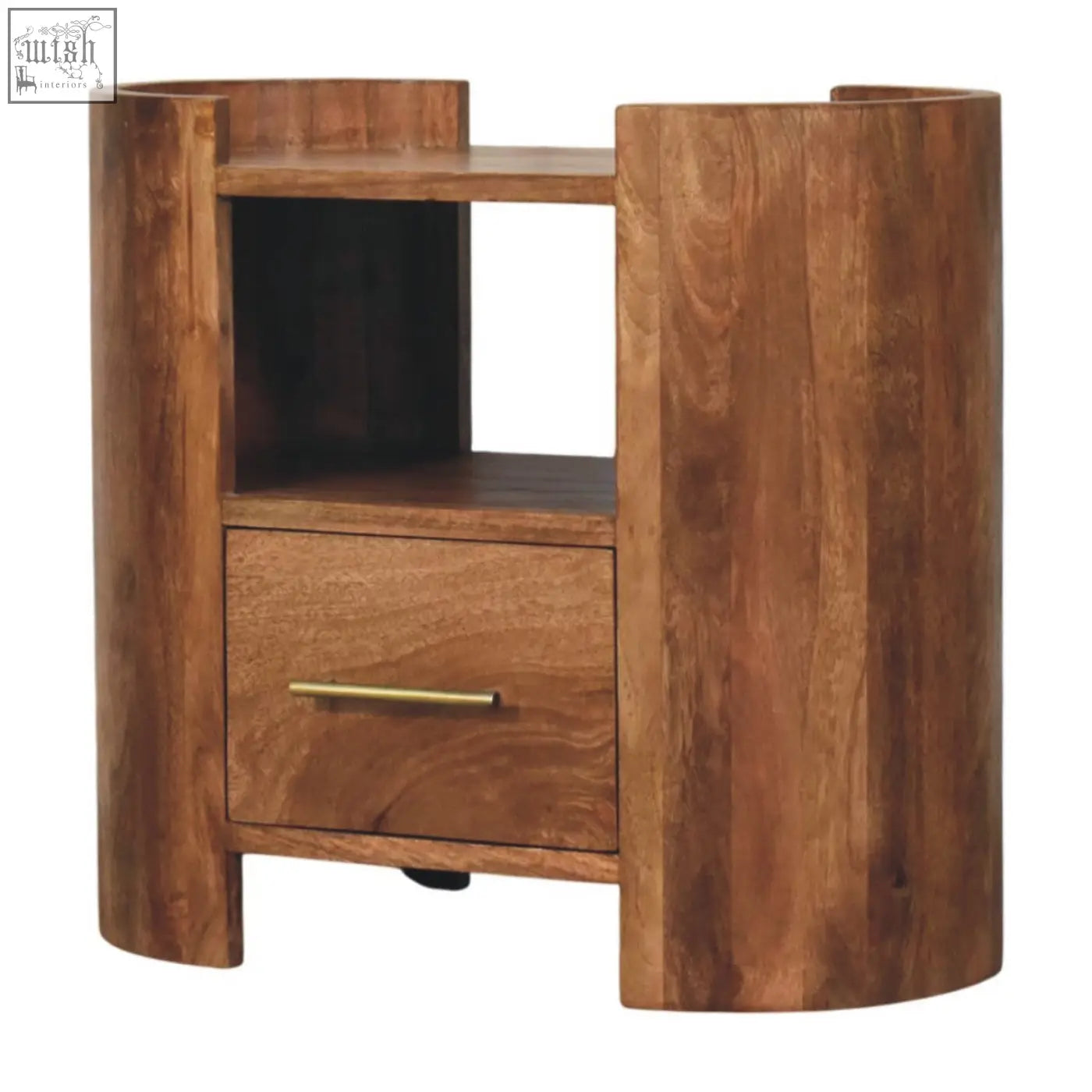 Valencia sculpted bedside rustic curved wooden nightstand with single drawer open shelf natural wood grain brass handle