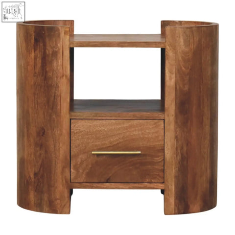 Valencia sculpted bedside rustic cylindrical wooden nightstand with drawer open shelf natural wood grain brass handle