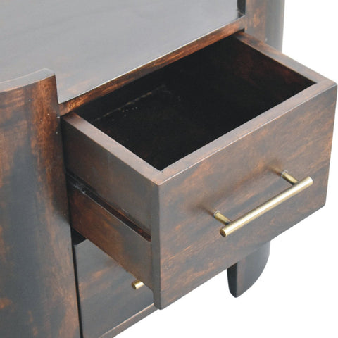 Valencia two-drawer bedside table with dark brown wooden drawer and brass handle partially open showing empty interior