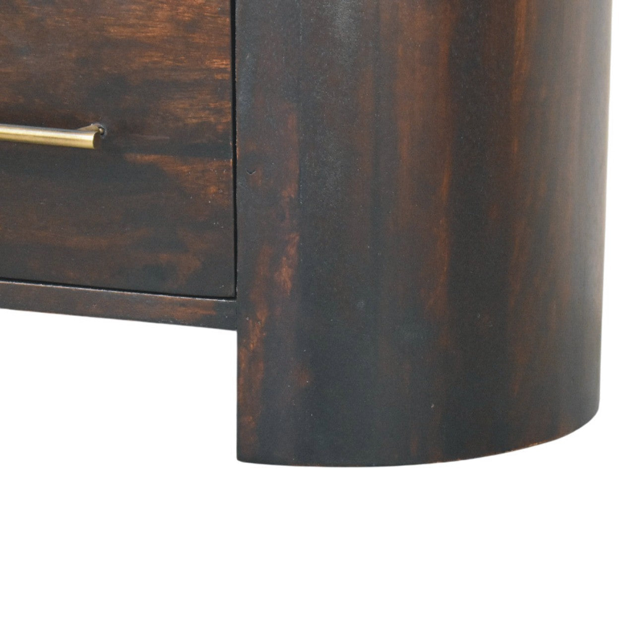 Dark brown wooden valencia two-drawer bedside table with curved cylindrical leg and brass drawer pull
