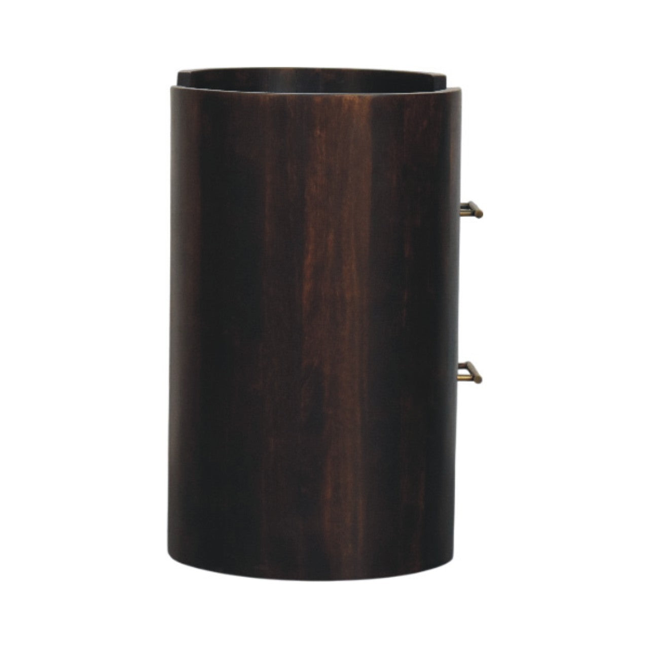 Dark brown wooden cylindrical container with metal clasps on the side for valencia two-drawer bedside table accessory