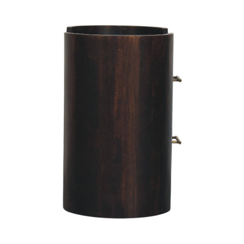 Dark brown wooden cylindrical container with metal clasps on the side for valencia two-drawer bedside table accessory