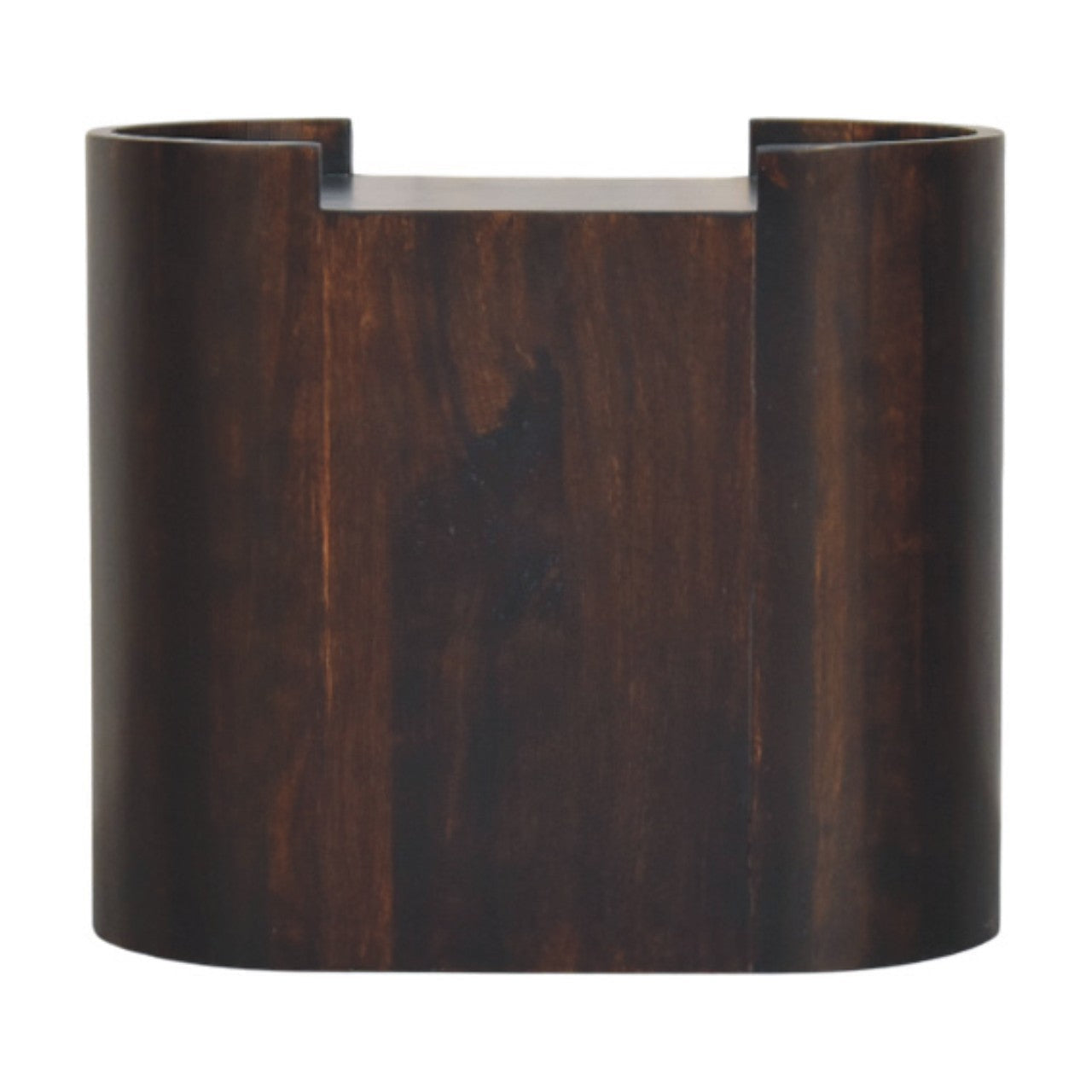 Dark brown wooden cylindrical yarn holder with smooth polished finish and visible wood grain for Valencia bedside table