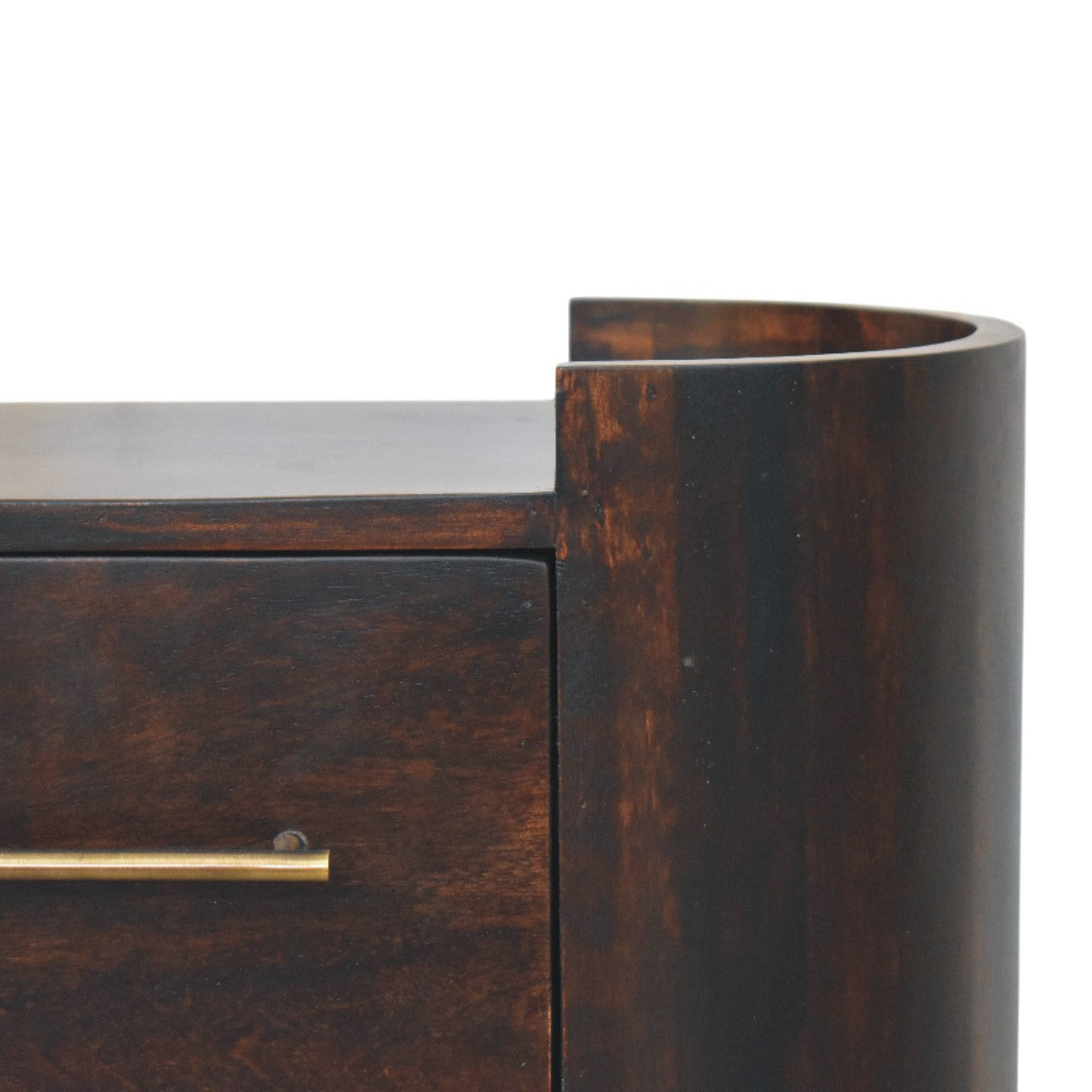 Dark brown wooden valencia two-drawer bedside table with curved side and brass drawer handle for bedroom storage