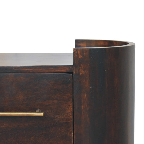 Dark brown wooden valencia two-drawer bedside table with curved side and brass drawer handle for bedroom storage