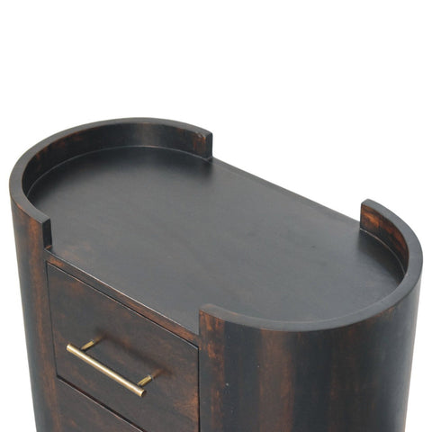Dark brown wooden valencia two-drawer bedside table with curved top and brass drawer handle for bedroom storage