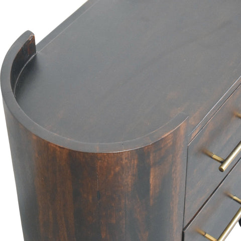 Dark gray wooden Valencia two-drawer bedside table with curved top and brass drawer pulls for bedroom storage