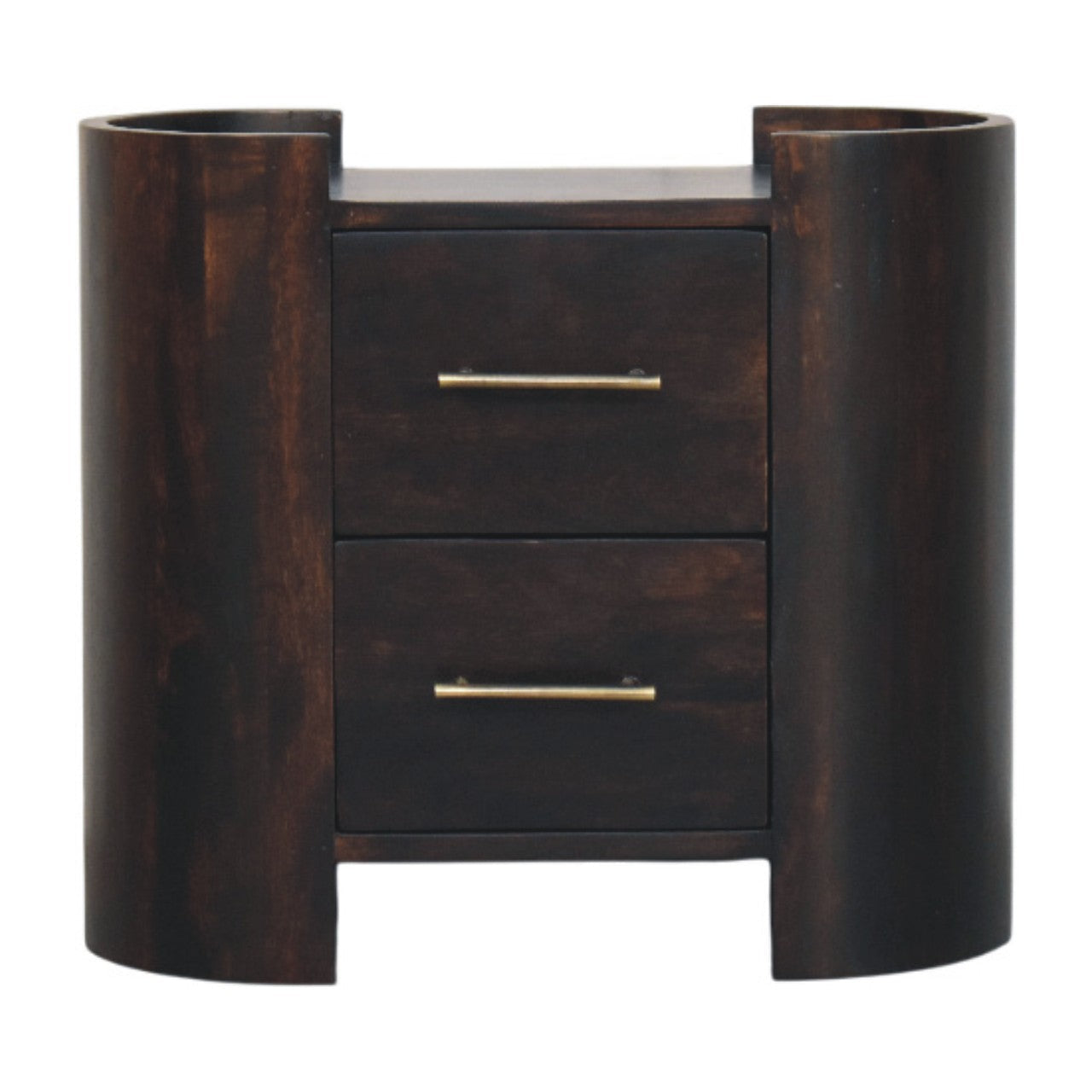 Dark wood valencia two-drawer bedside table with gold-tone handles perfect for bedroom storage