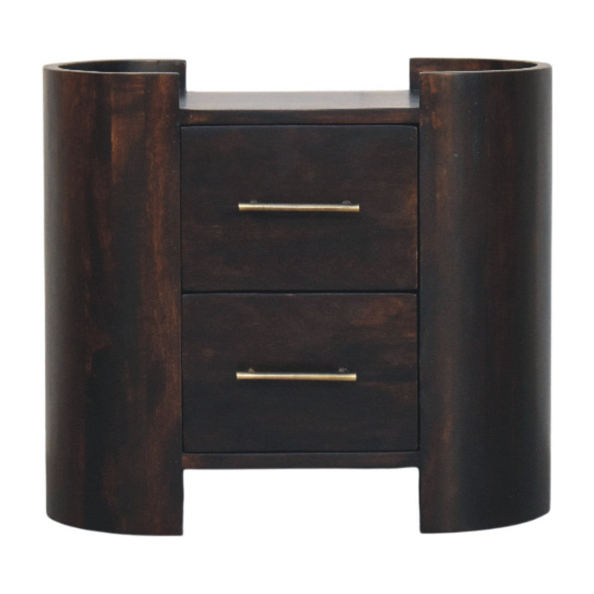 Dark wood valencia two-drawer bedside table with gold-tone handles perfect for bedroom storage