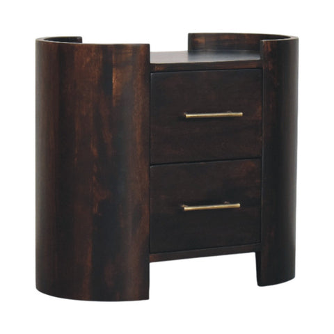 Dark wood valencia two-drawer bedside table with brass handles and spacious drawers for bedroom storage