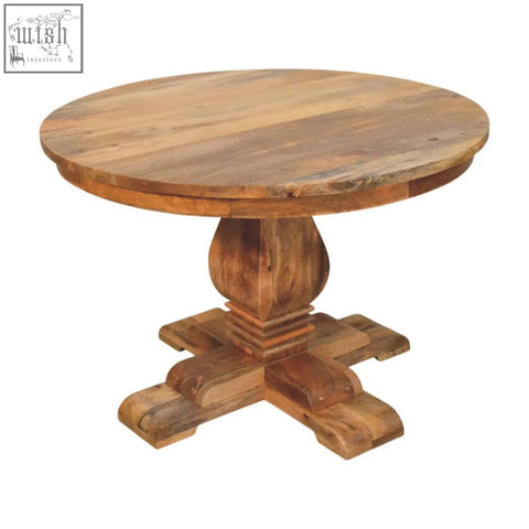 Rustic valentina round dining table with distressed wood finish and carved pedestal base perfect for round dining