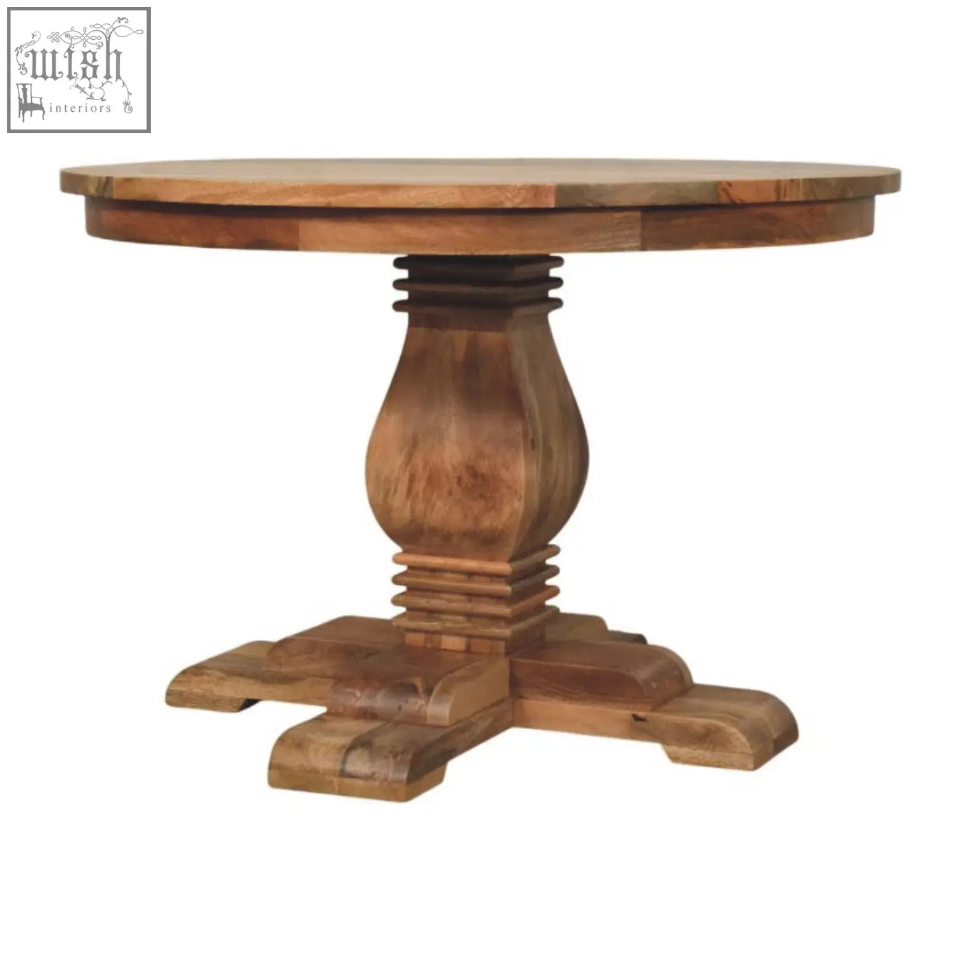 Valentina round dining table with a rustic medium-brown wooden finish and ornate pedestal base perfect for round dining