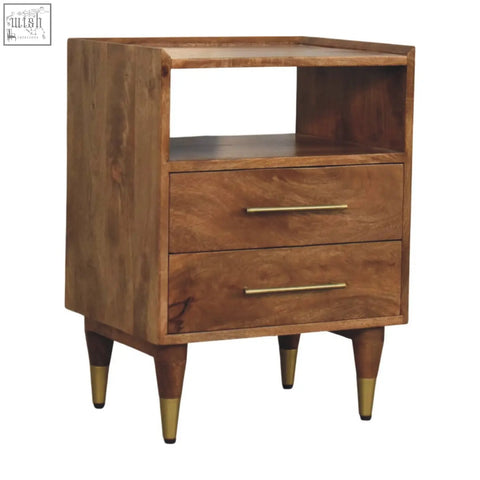Valenza brass accent bedside wooden nightstand with two drawers brass handles and gold tipped legs in mid century modern style