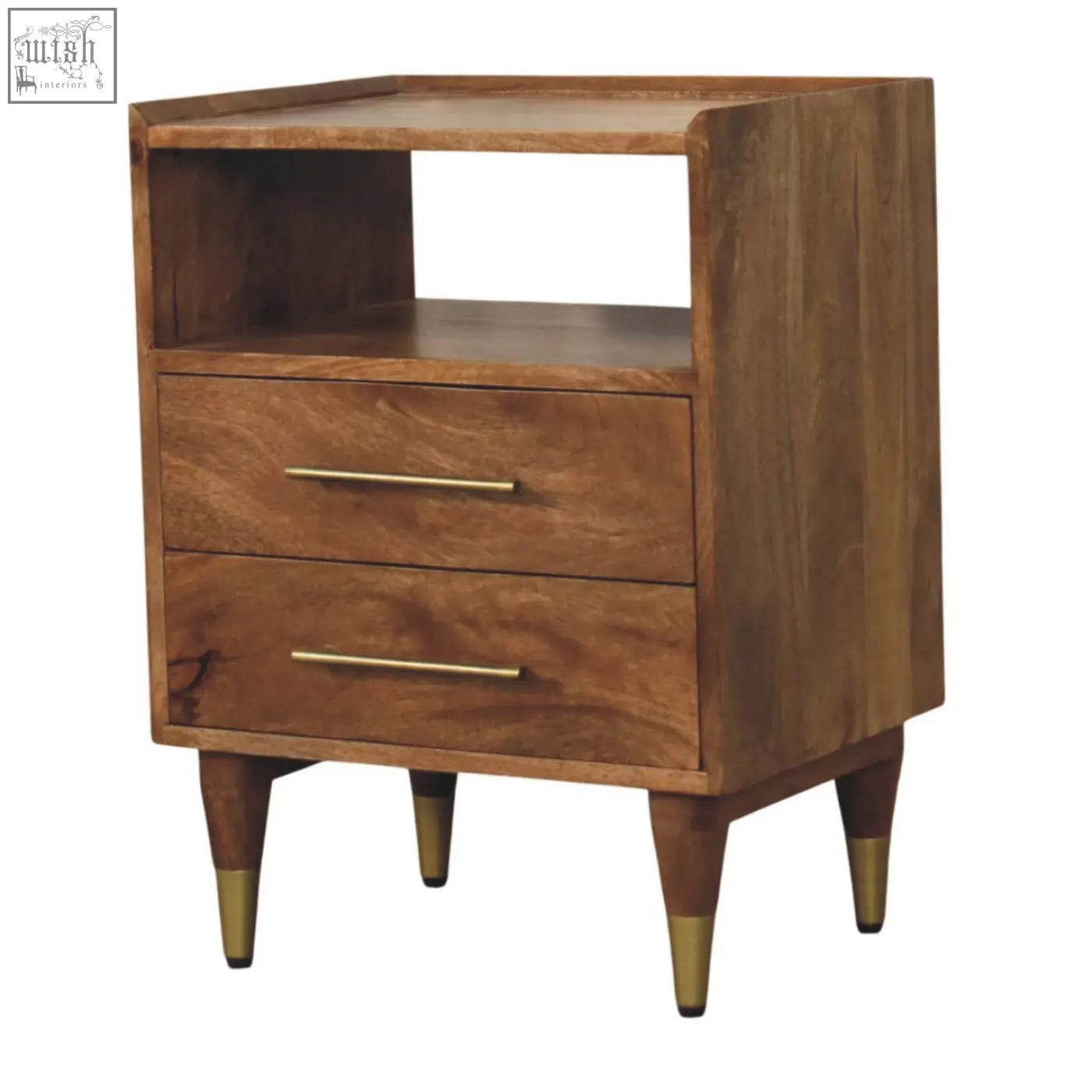 Valenza brass accent bedside mid-century modern wooden nightstand with two drawers brass handles and gold-tipped legs