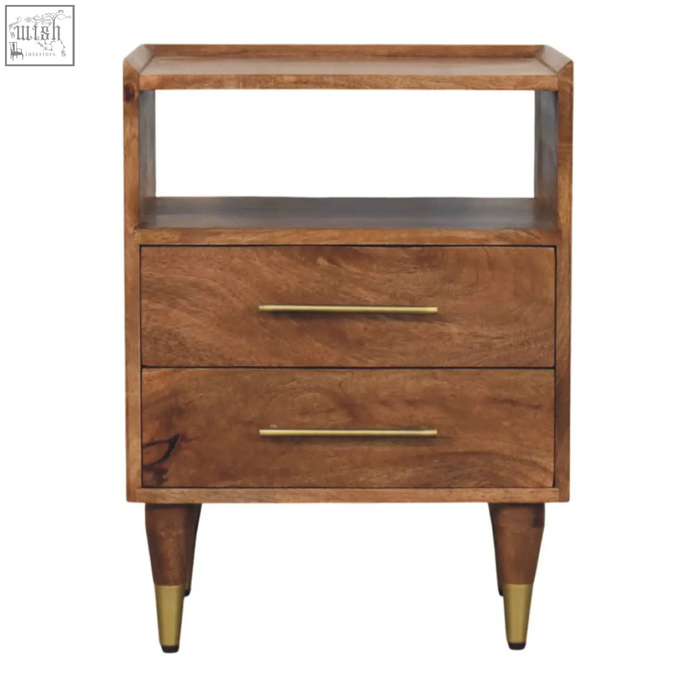 Valenza brass accent bedside mid-century modern wooden nightstand with two drawers brass handles and gold-tipped legs