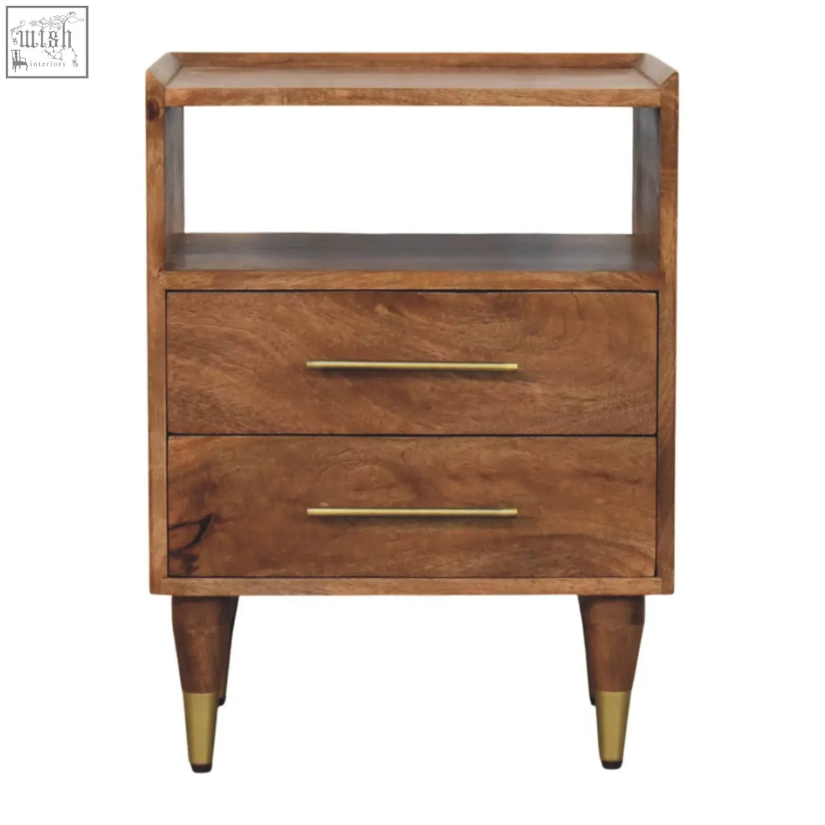 Valenza brass accent bedside mid-century modern wooden nightstand with two drawers brass handles and gold-tipped legs