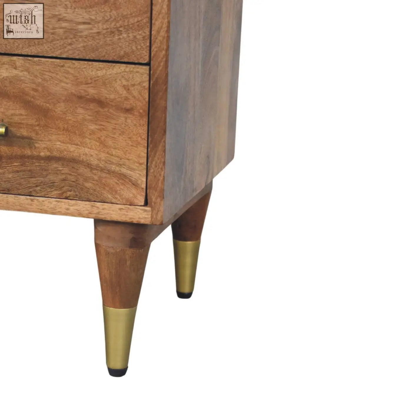 Valenza Brass Accent bedside wooden nightstand with brass-finished tapered legs and visible wood grain details